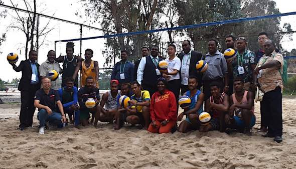 Vanuatu Men's beach volleyball team with Minister for Youth, Training and Sports Seule Simeon and delegation in Kunming, China. Photo: Vanuatu Government
